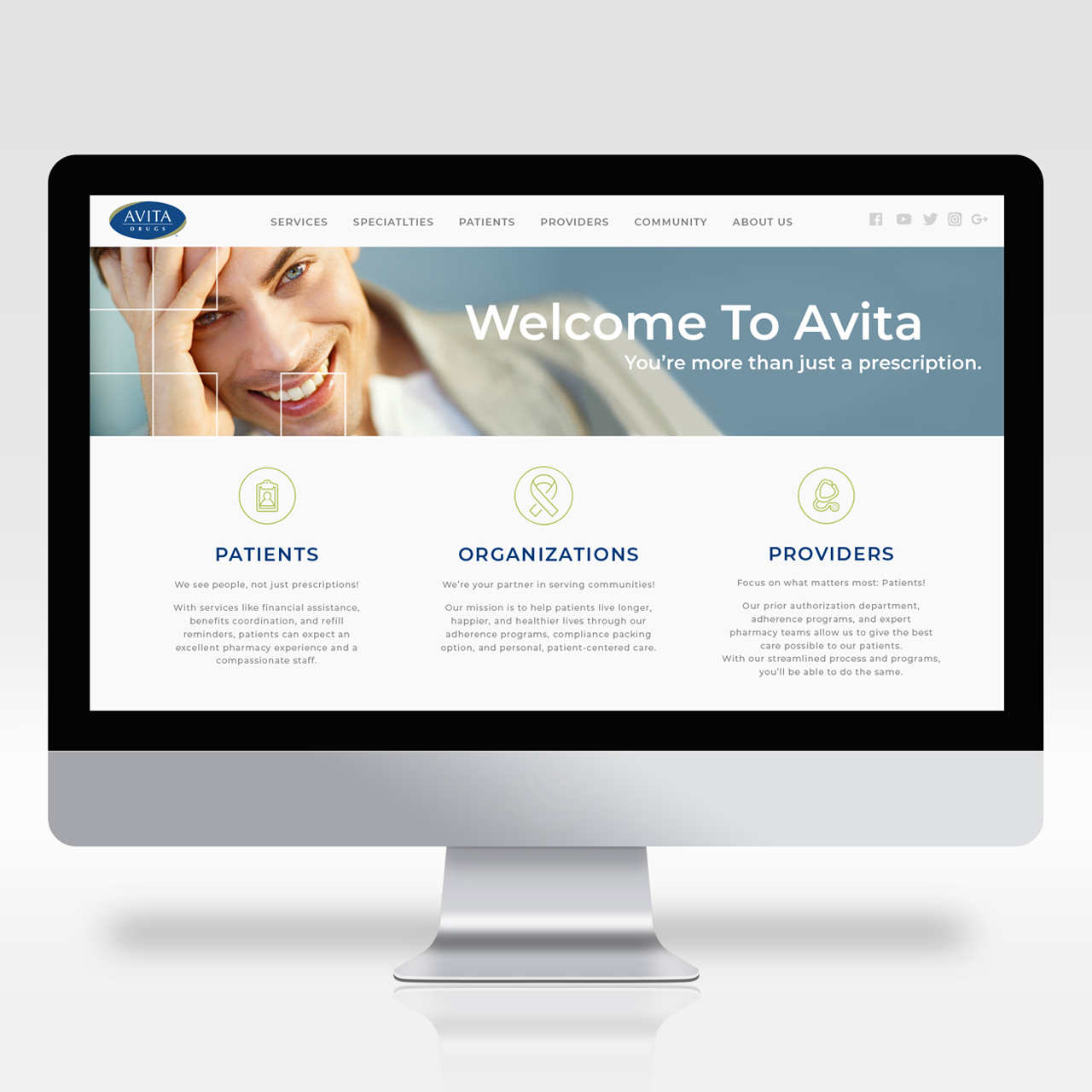 An image of a computer with the home page design for Avita Drugs' website