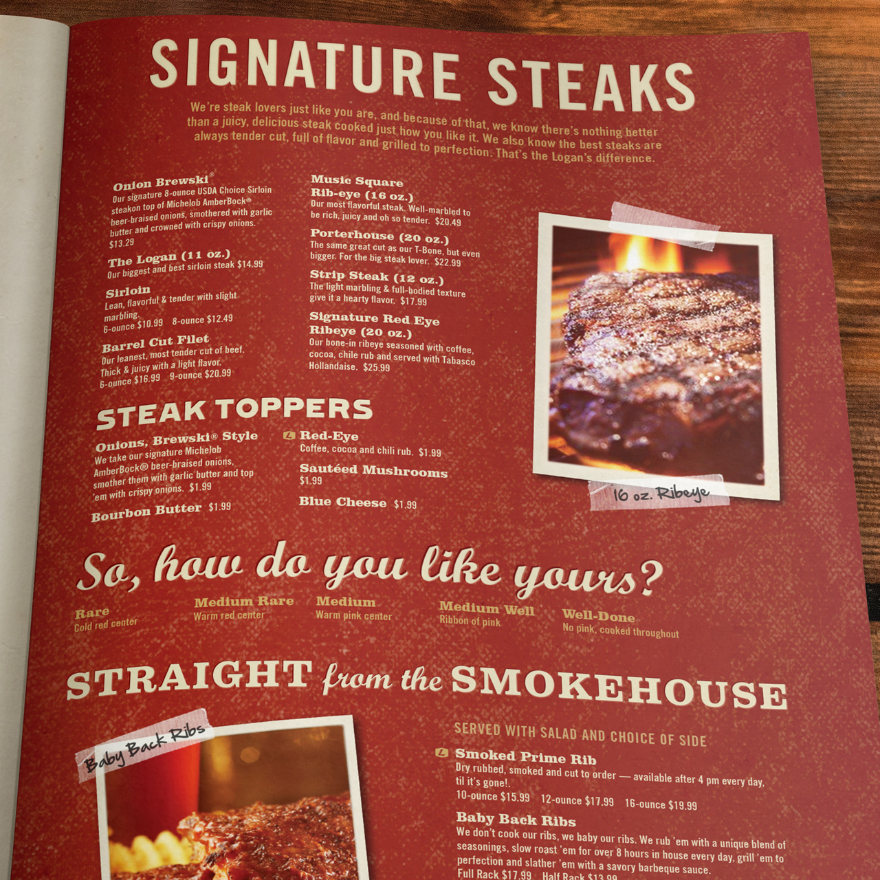 An image of the Signature Steaks page design for the Logan's Roadhouse menu