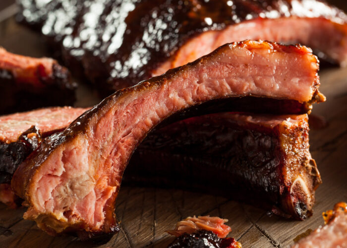 A close-up image of BBQ ribs