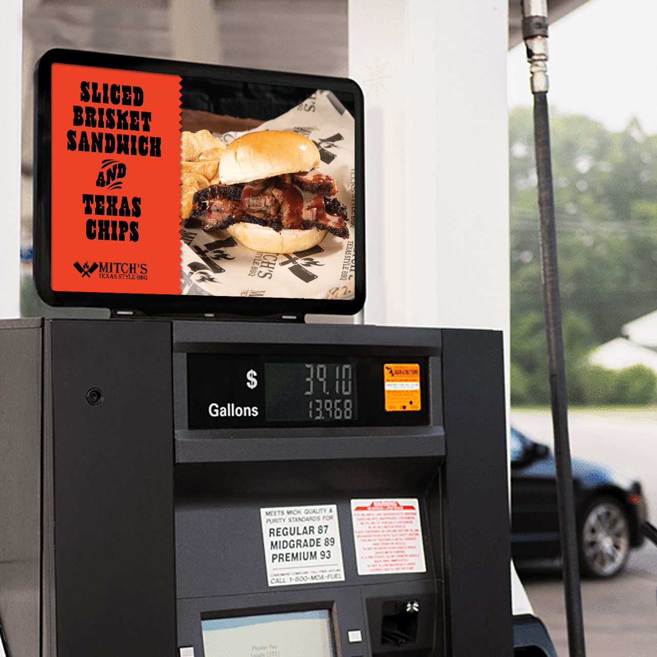 An image of a pump topper with a Mitch's Texas Style BBQ lunch promotion