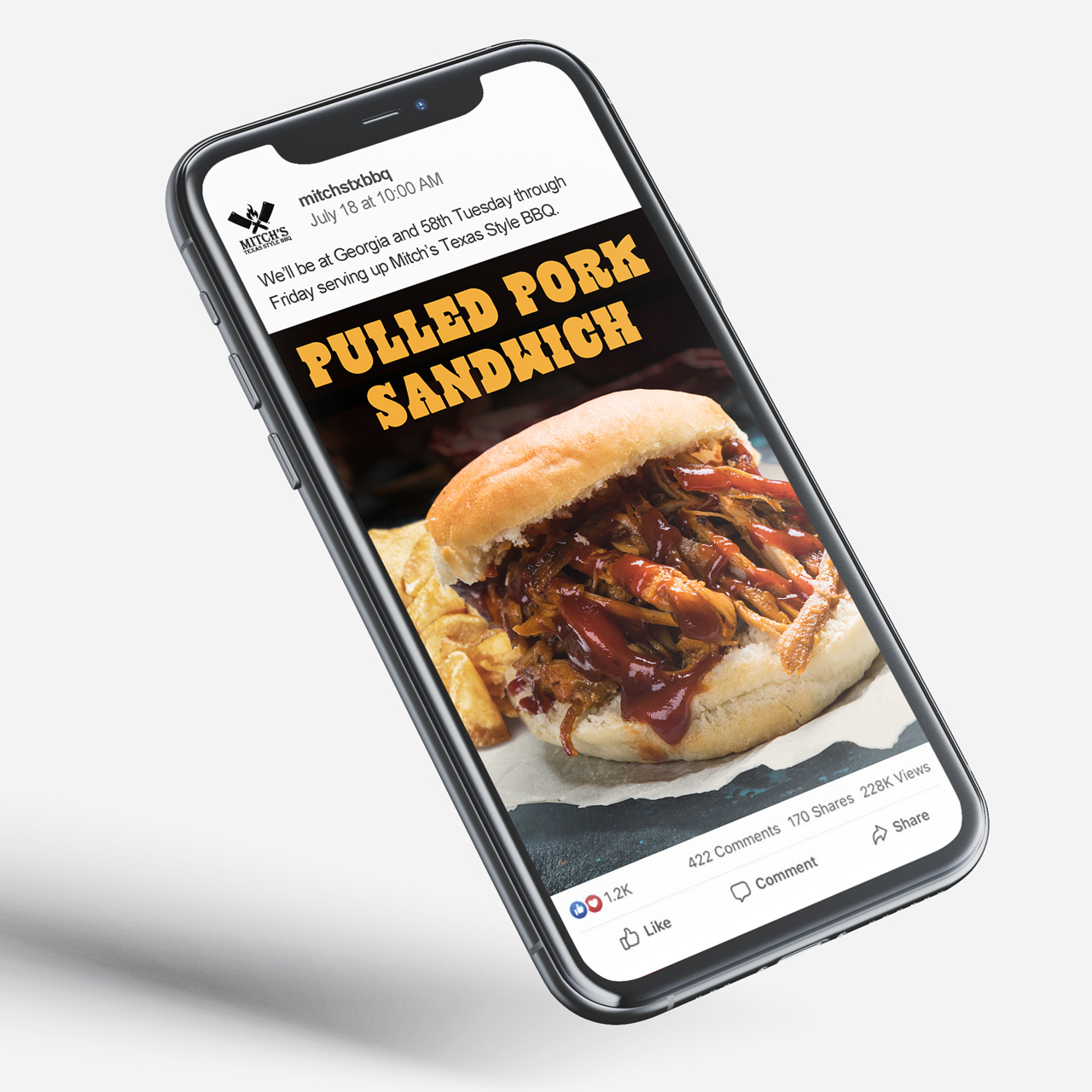 An image of a mobile phone with a social media post promoting Mitch's Texas Style BBQ's pulled pork sandwich