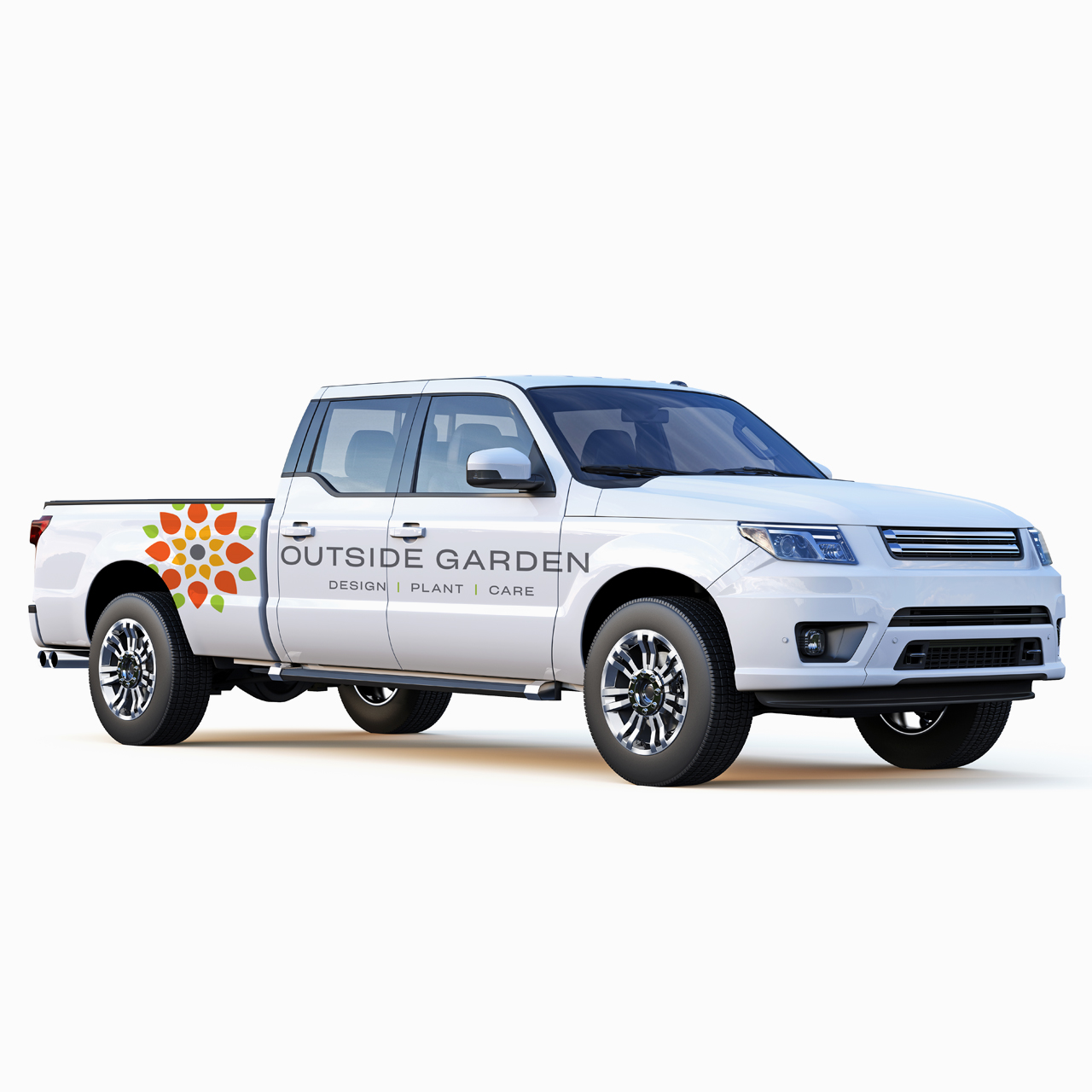 An image of Outside Garden's work truck with colorful graphics