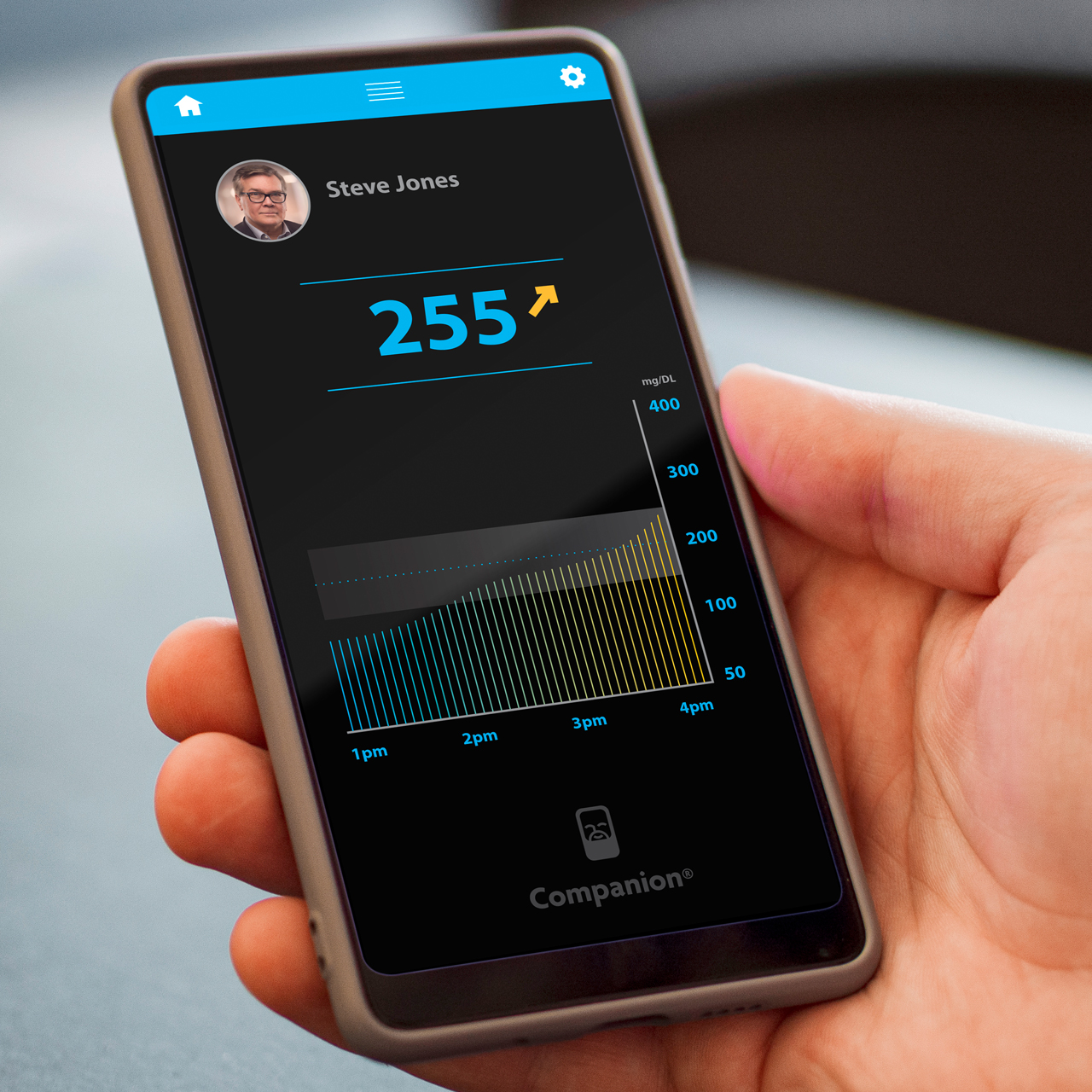 An image of a mobile phone with the Socrates Health Solutions blood glucose tracking app design