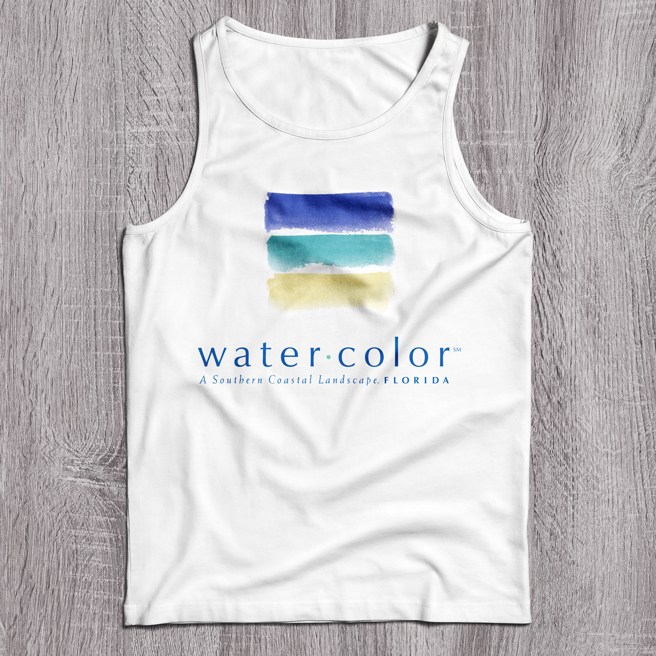An image of a white tank top with the Water Color logo printed on it