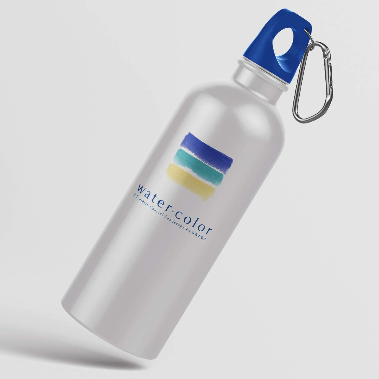 An image of a silver water bottle with the Water Color logo printed on it