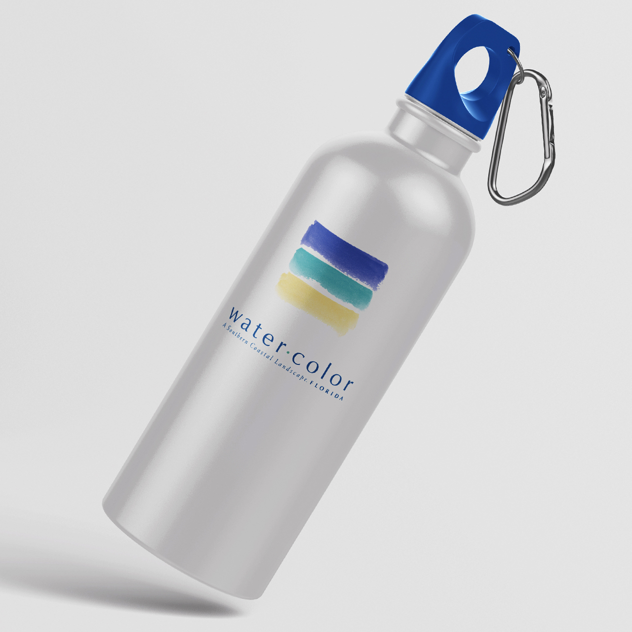 An image of a silver water bottle with the Water Color logo printed on it