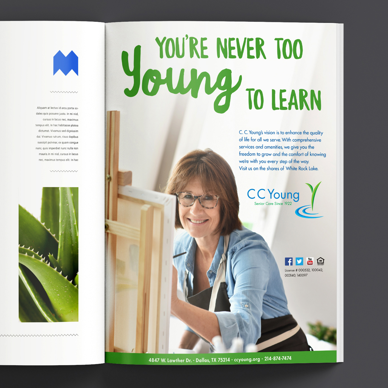 An image of an ad for C. C. Young that reads "You're Never Too Young to Learn"