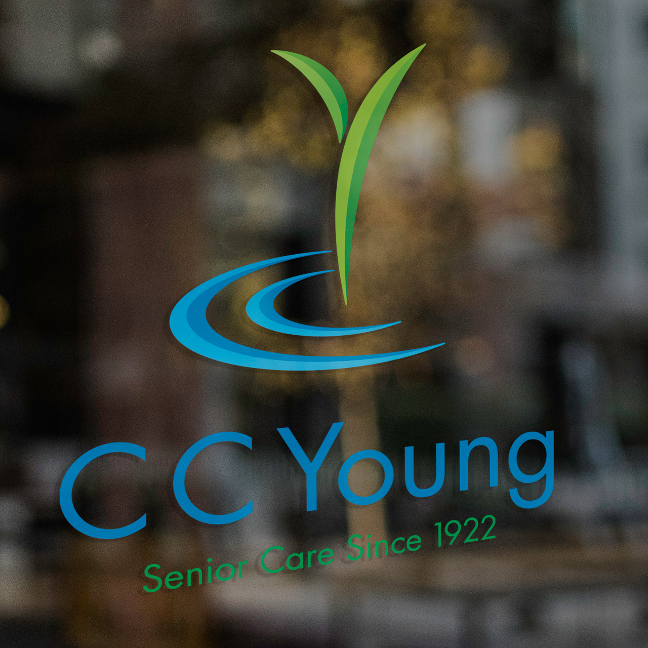 An image of a glass door with the C. C. Young logo design on it