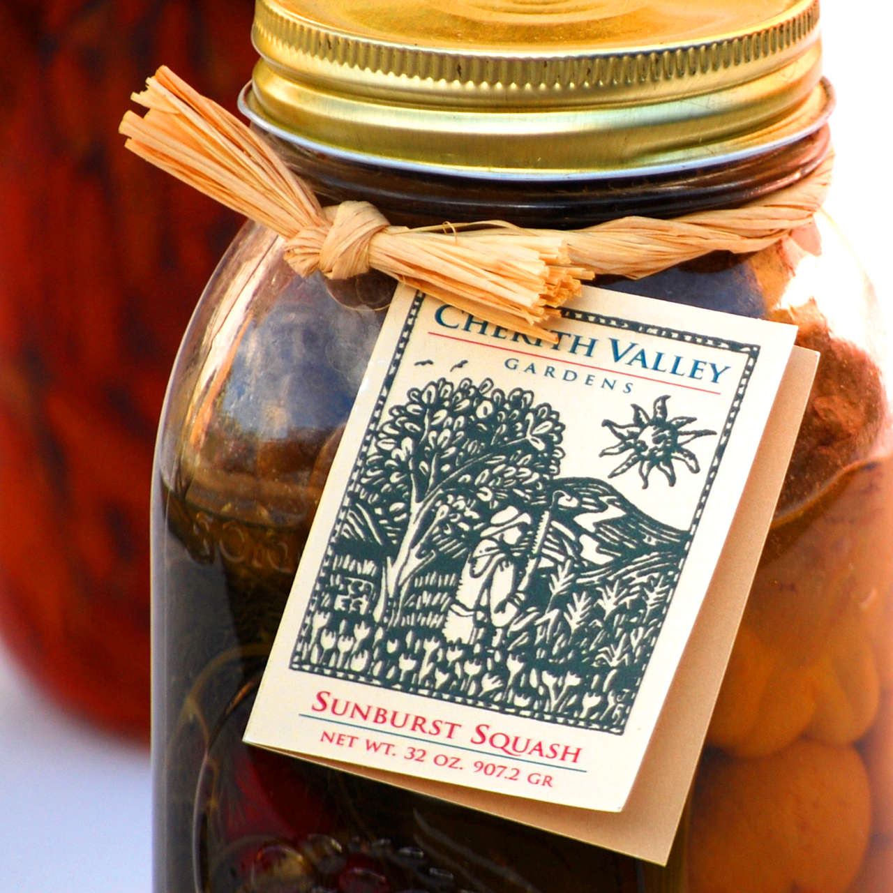 An image of a jar of Cherith Valley Gardens Sunburst Squash package design