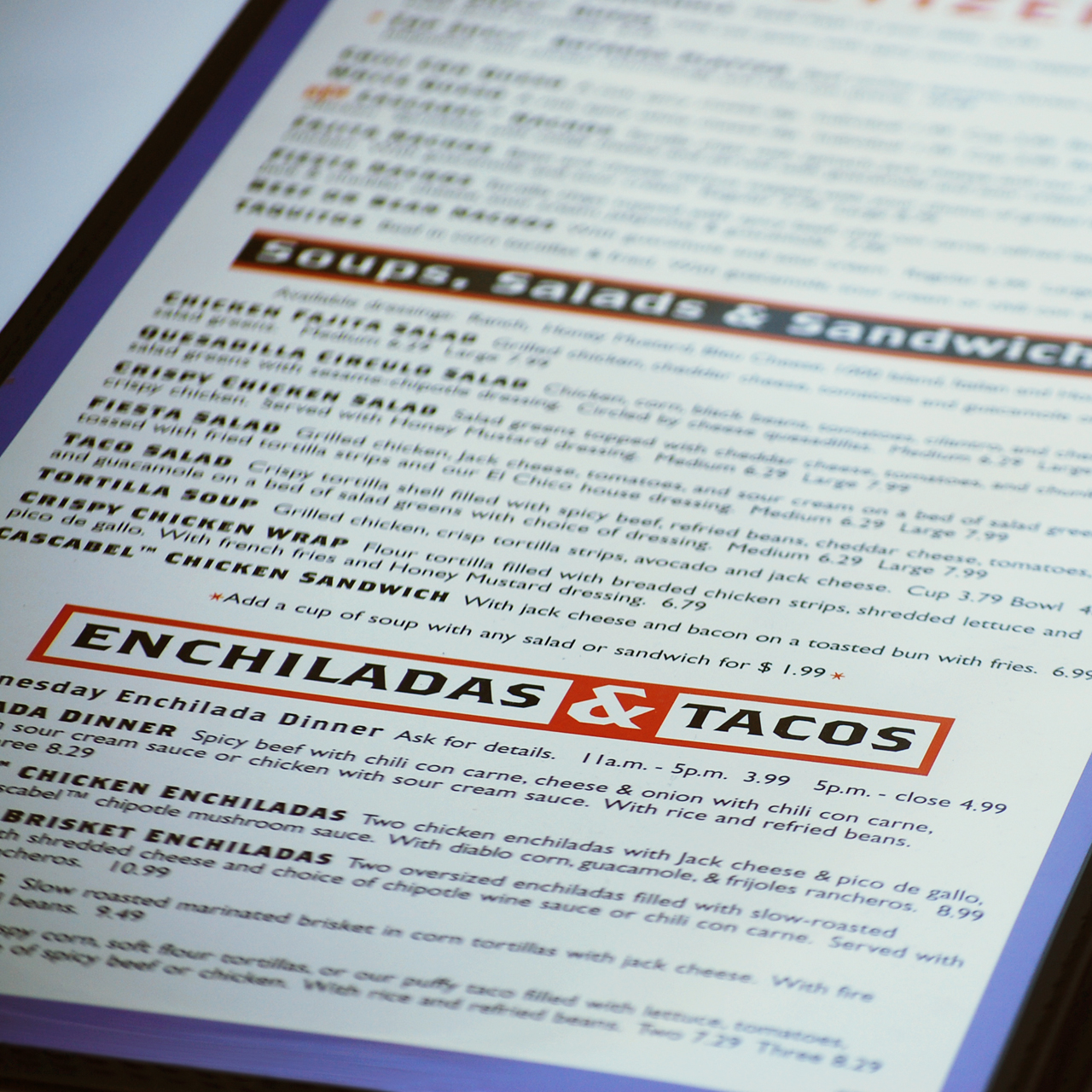 An image of the interior page design for the El Chico menu