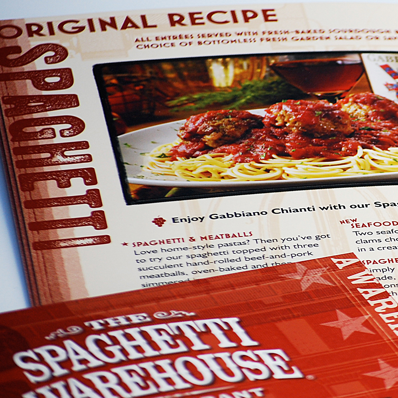 An image of the interior page design for the Spaghetti Warehouse menu