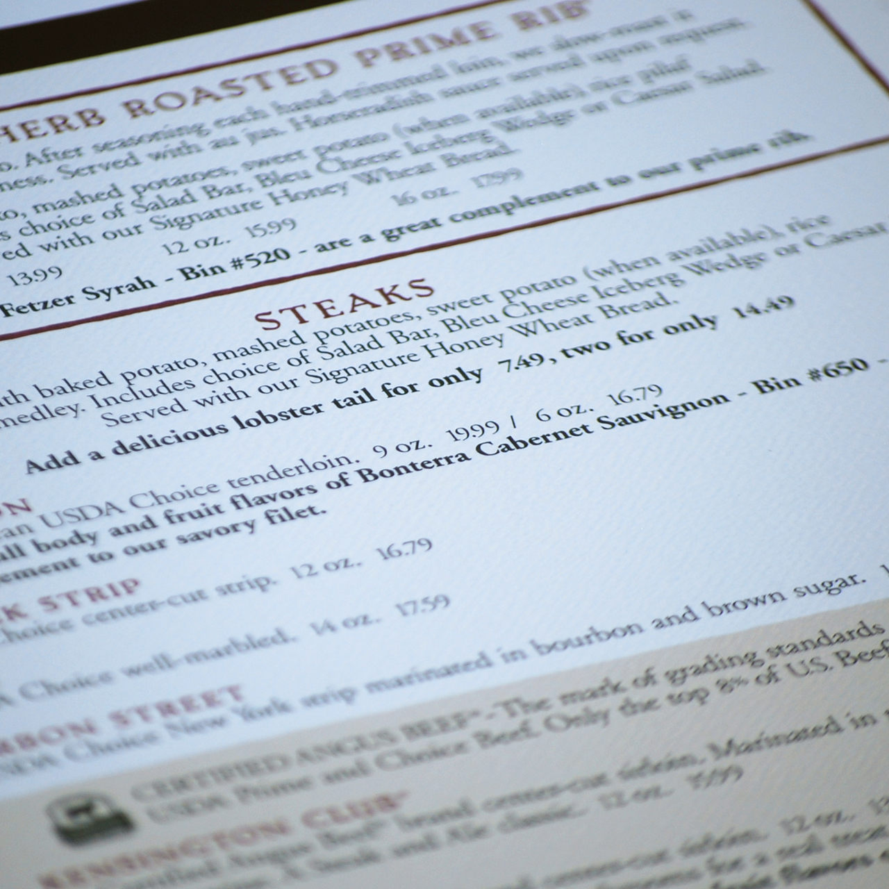 An image of Steak & Ale's dinner menu interior page design