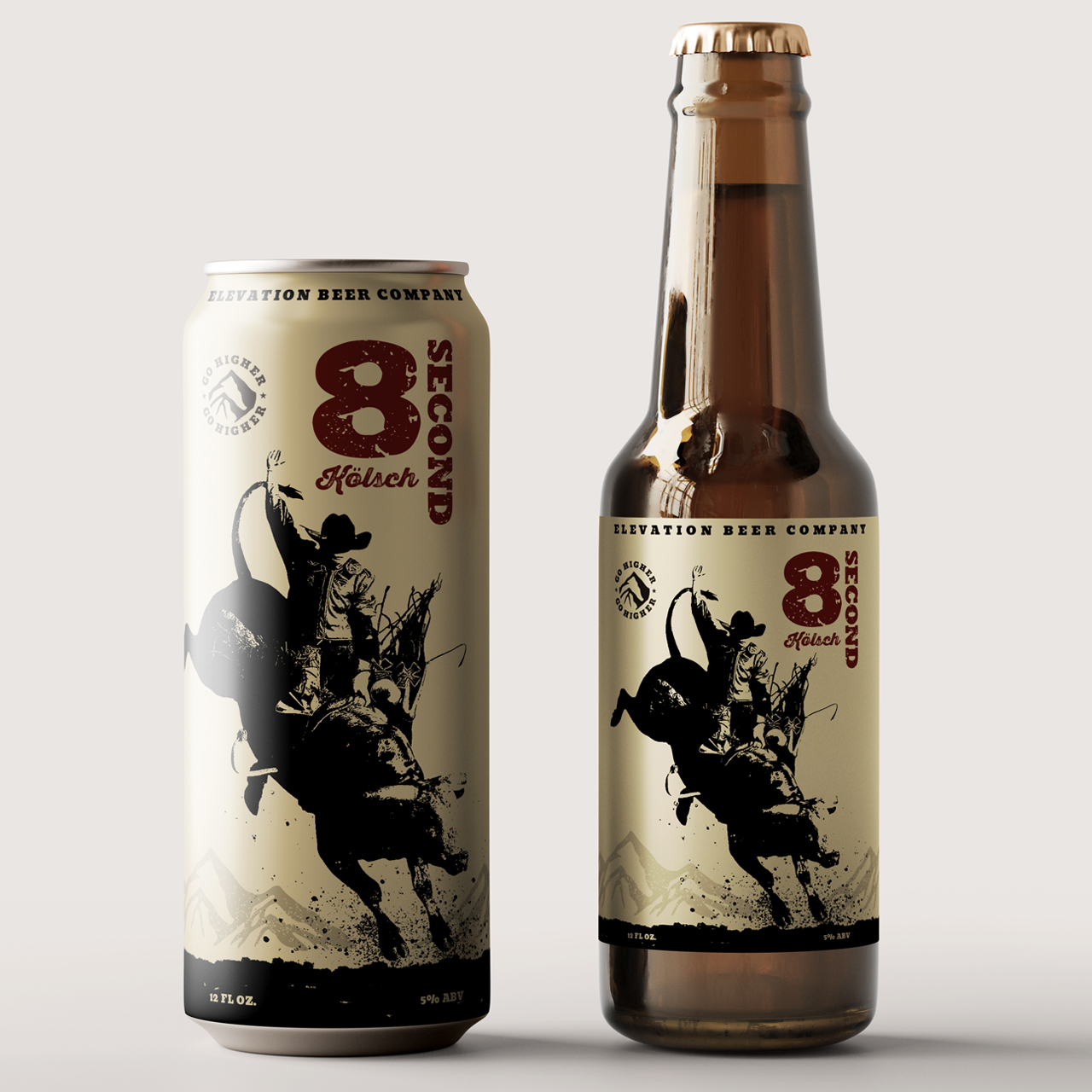 Image of Elevation Beer Company's Eight-Second Kolsch beer can and bottle package design with the can standing next to the bottle