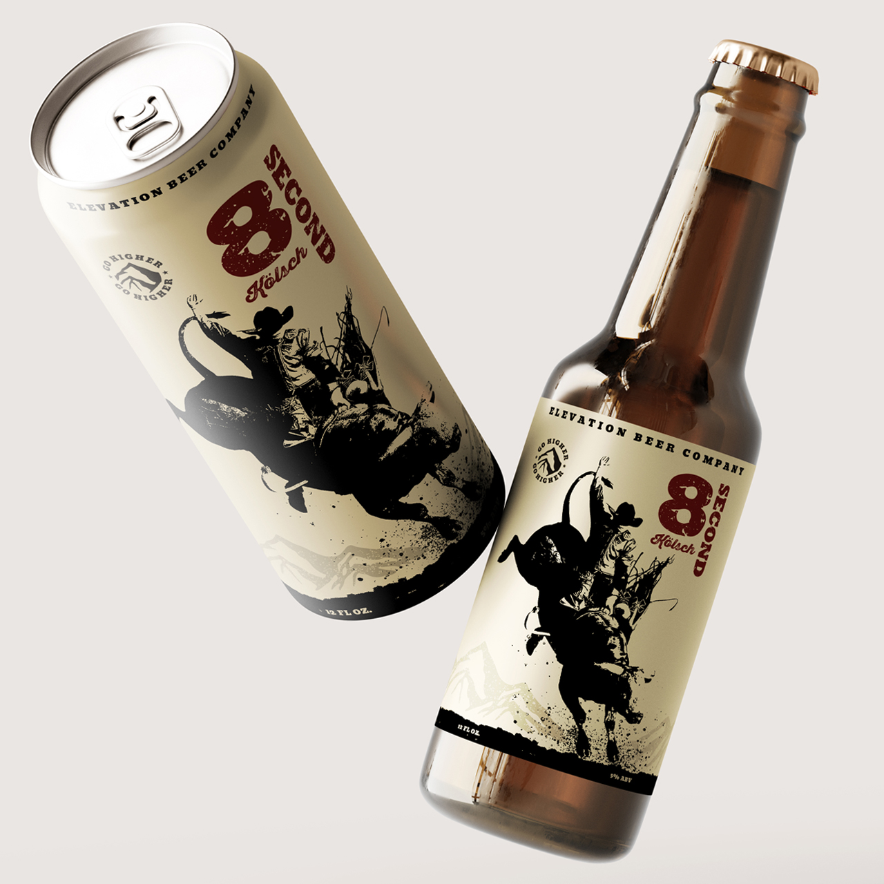 Image of Elevation Beer Company's Eight-Second Kolsch beer can and bottle package design with can and bottle floating in the air