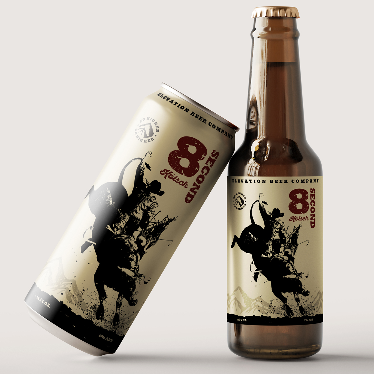 Image of Elevation Beer Company's Eight-Second Kolsch beer can and bottle package design with can leaning against the bottle